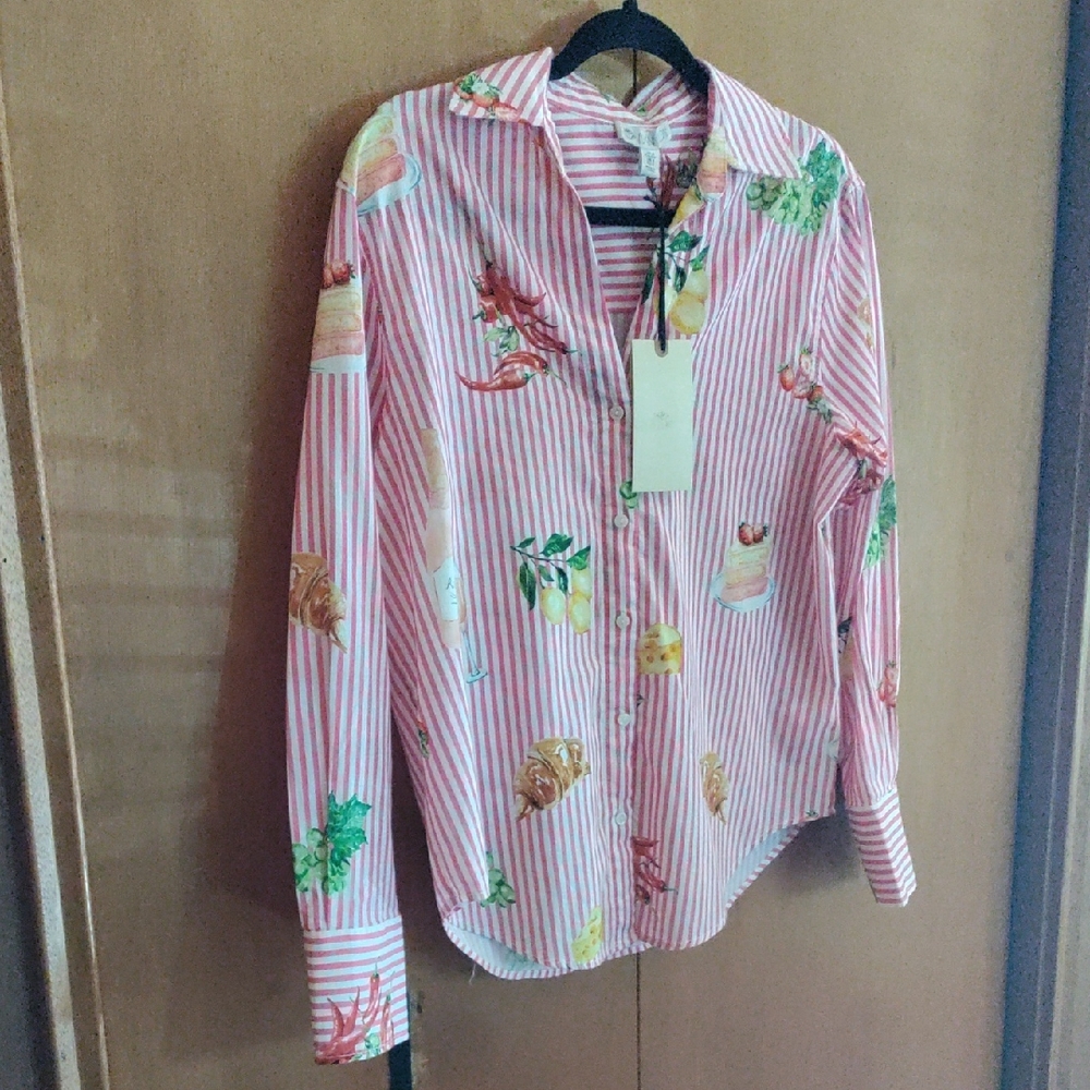 Striped Button Down Shirt with Food & Drink  Fun Design. NWT
